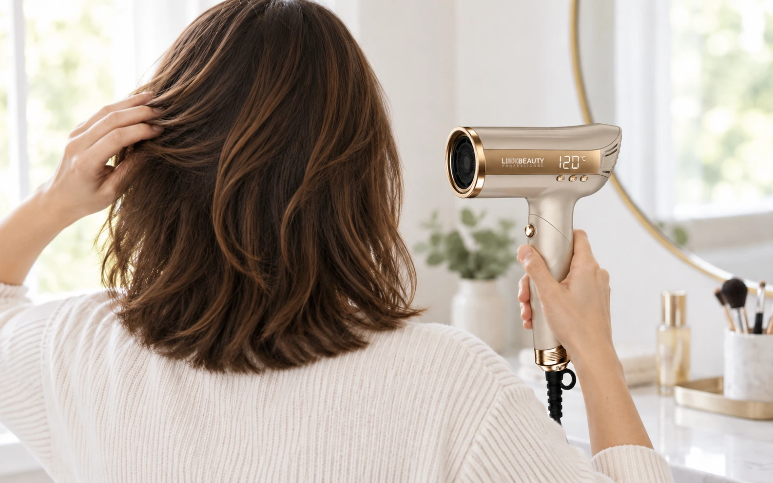 How to Specify Dual Voltage Hair Dryers for Wholesale and OEM Orders Link Beauty MLB01 dual voltage hair dryer in use showing its digital temperature display and control buttons